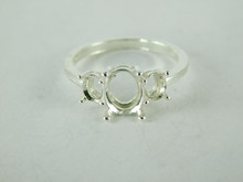 6498 STERLING SILVER RING SETTING, 3 STONE, 1 - 9X7 MM OVAL & 2 - 4 MM ROUND FACETED GEMSTONE, SIZE 8
