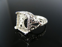 R30 STERLING SILVER FILIGREE RING SETTING, 12X10 MM EMERALD CUT FACETED GEMSTONE, SIZE 7