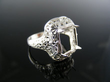 R9 STERLING SILVER FILIGREE RING SETTING, 9X7 MM EMERALD CUT FACETED GEMSTONE, SIZE 7.25