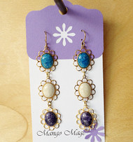 Triple Dangle Fossil Stone Earrings - Blue/Cream/Purple