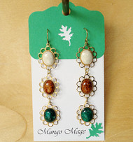 Triple Dangle Fossil Stone Earrings - Cream/Brown/Green