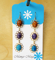 Triple Dangle Fossil Stone Earrings - Brown/Purple/Blue