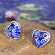 Blue Millefiori Heart Stud Earrings