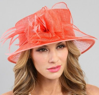 Garden Party Derby Hat in Coral on Model.