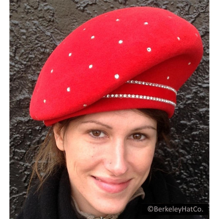 Vintage Red Slanted Beret Style Hat in Fur Felt with Swarovski Crystals
