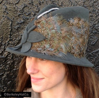 Vintage Women's Church Hat Grey Fur Felt Feathered with Rhinestone Trim Felt Flower