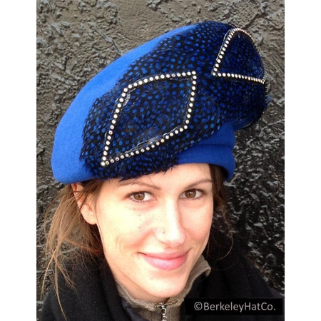 Women's Beret Style Hat Royal Blue Wool Felt Mr.John Feathers Vintage Unused