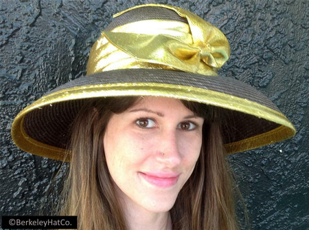 Women S Summer Brown Straw Church Dress Hat With Metallic Gold Bow Trim