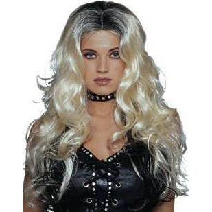 Sultry, Long Curly Blond Parted Wig, Black Roots
