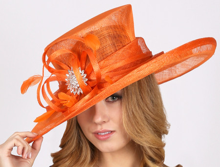 Grand Prix Derby Hat in Orange Sinamay.