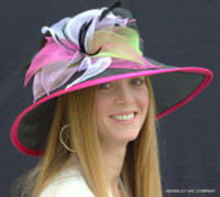 Organza Kentucky Derby Hat, Multicolored Petals. Black Hat With Hot Pink Trim.