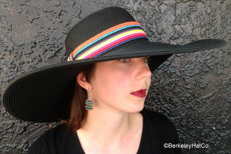 Women's Wide Brim Black Sun Hat, Multi-Color Band