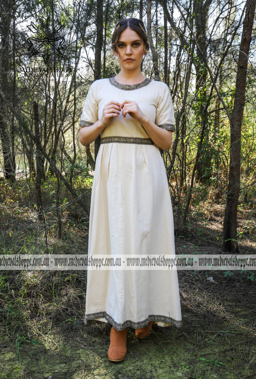 Short Sleeved Linen-Coloured Medieval Dress