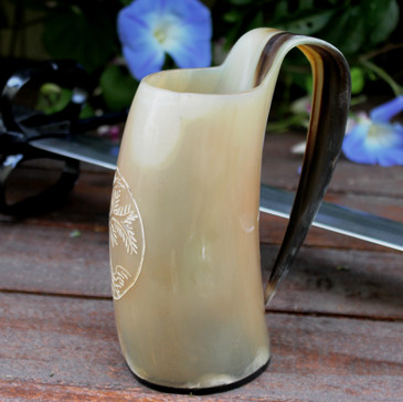 Tree Etching Cow Horn Tankard - Beer Mug / Cup (42) 