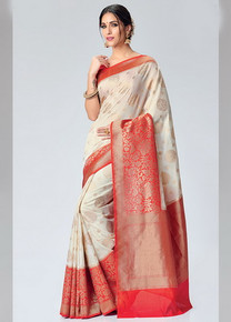 Cream Spun Silk Saree With Blouse