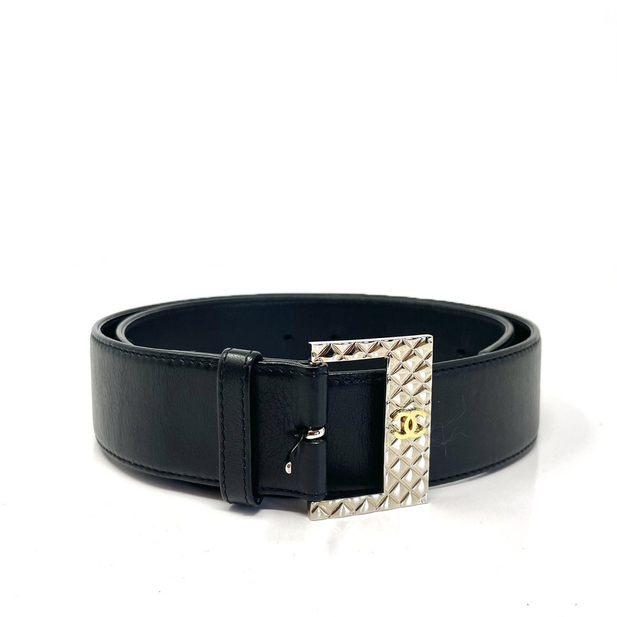 Chanel Black Leather Belt with Silver Buckle