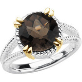 Sterling Silver & 14kt Yellow Checkerboard Smoky Quartz Rope Design Ring