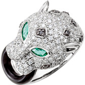 Emerald, Onyx & Diamond Leopard Head Ring