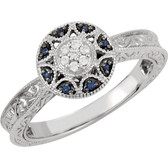 Blue Sapphire & Diamond Engraved Design Ring