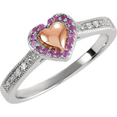 Sterling Silver Rose Plated Pink Sapphire & .02 CTW Diamond Puffed Heart Ring Size 7