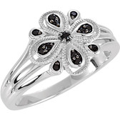 Floral Design Black Spinel Ring with Split Shank
