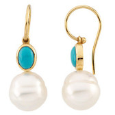 14kt Yellow 7x5mm Turquoise & 11mm South Sea Cultured Pearl Earrings
