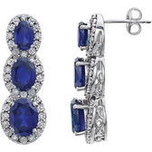 14kt White Created Blue Sapphire & .07 CTW Diamond 3-Stone Earrings