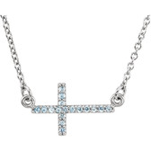 14kt White Aquamarine Sideways Cross 16-18" Necklace