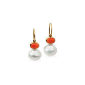 14kt White 8x6mm Carnelian & 11mm South Sea Cultured Pearl Earrings