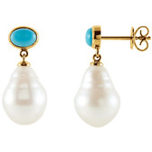 14kt White 7x5mm Turquoise & 11mm South Sea Cultured Pearl Earrings