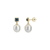 14kt Yellow South Sea Cultured Pearl & London Blue Topaz Earrings