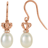 14kt Rose .02 CTW Diamond & Freshwater Cultured Pearl Crown Dangle Earrings