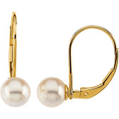 14kt Yellow 7mm Round Akoya Cultured Pearl Lever Back Earrings