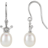 14kt White .015 CTW Diamond and Freshwater Cultured Pearl Crown Dangle Earrings