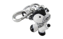 Chrome Plated Dancing Cow Black And White Color With Clear Czechoslovakia Crystals Keychain With Clasp