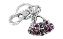 Chrome Plated Belt Strap Purse Warm Magenta And Pink Czechoslovakia Crystal Keychain With Clasp