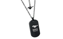 Mustang 50th Anniversary-Female 3D Raised Mustang 50 Years Logo Chrome On Black Dog Tag Necklace With 20' + 4' Chain And Pony Charm