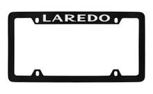 Jeep Laredo Black Coated Zinc Top Engraved License Plate Frame Holder With Silver Imprint