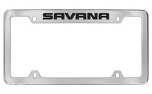 GMC Savana Chrome Plated Solid Brass Top Engraved License Plate Frame Holder With Black Imprint