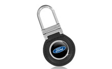 Ford Black Leather Round Recess Nickel Keychain In A Black Gift Box