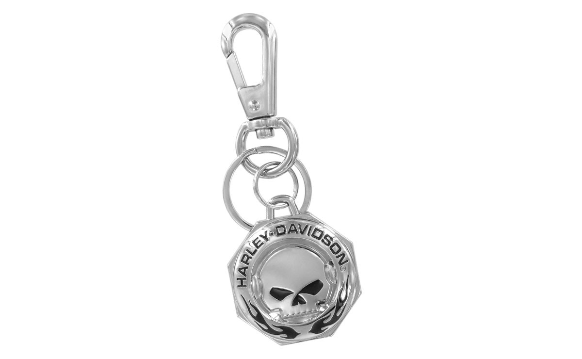 Harley-Davidson® Chrome Key Chain With Willie G. Skull Harley-Davidson®  Wordmark & Flames With Normal Clasp + Split Ring