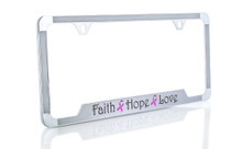 Beautifully Designed Pink Ribbon ‘Faith, Hope & Love’ Printed on Sparkling Silver License Frame