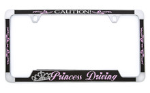 Beautifully designed black & pink hearts with swirls ‘Princess Driving’ license frame on polished Chrome metal