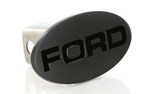 Black Powder Coated Trailer Hitch Cover with Epoxy Filled Ford Logo_ Black on Black look