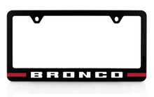 Bronco Wordmark UV Imprint Black Plastic License Plate Frame_ Rapid Red Color Stripes