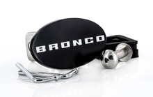Black Powder Coated Oval Trailer Hitch Cover with UV Printed Bronco Word Mark