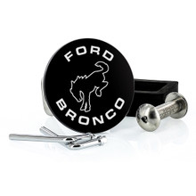 Black Powder Coated Round Trailer Hitch Cover with UV Printed Ford Bronco Logo