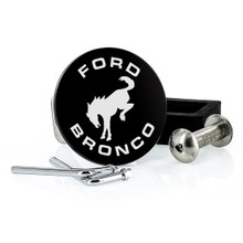 Black Powder Coated Round Trailer Hitch Cover with UV Printed White Ford Bronco Logo