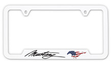 Ford Mustang UV Imprint White Plastic License Plate Frame_ Mustang Script Patriotic Horse Graphic