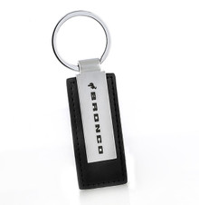 Black Leather Rectangular Metal Keychain with Laser Engraved Bronco Logo